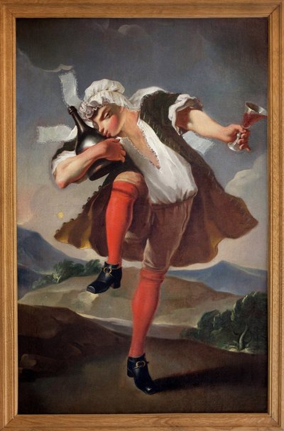 A los tres órdenes reunidos. Un hombre que representa al Clero, la Nobleza y el Tercer Estado sostiene una copa de vino tinto y besa una botella. Letrero pintado de comerciante de vinos. Pintura anónima, período revolucionario de French School