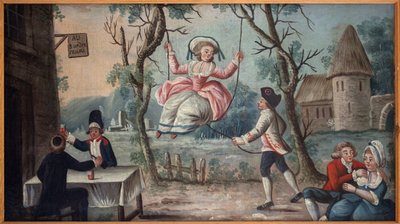 A los tres órdenes reunidos. El Clero, la Nobleza y el Tercer Estado reunidos en una taberna. Una joven se balancea. Letrero pintado de comerciante de cocardas, vendría del Palacio Real, pintura anónima, período revolucionario de French School