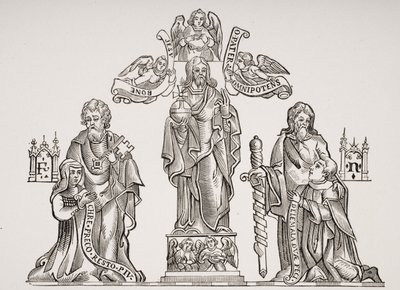 Decoración de tumba que muestra a Nicholas Flamel (c.1330-c.1418) y su esposa Pernelle, después de decoraciones en el Cementerio de los Inocentes, París, de Le Moyen Age et La Renaissance de Paul Lacroix (1806-84) de French School