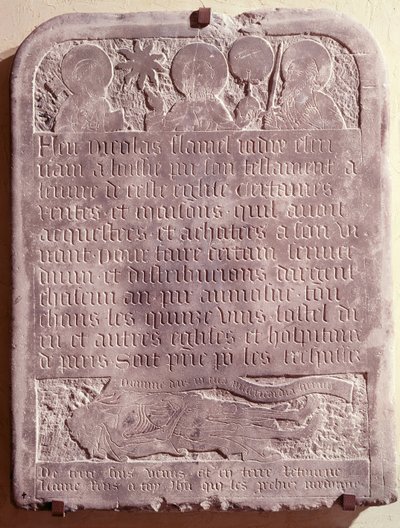 Lápida de Nicolas Flamel, originalmente de la Iglesia de Saint-Jacques-de-la-Boucherie, 1418 de French School