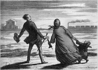 ¡Demasiado tarde! : una familia acaba de perder su tren. Caricatura de Honoré Daumier (1808-1879). Grabado en 