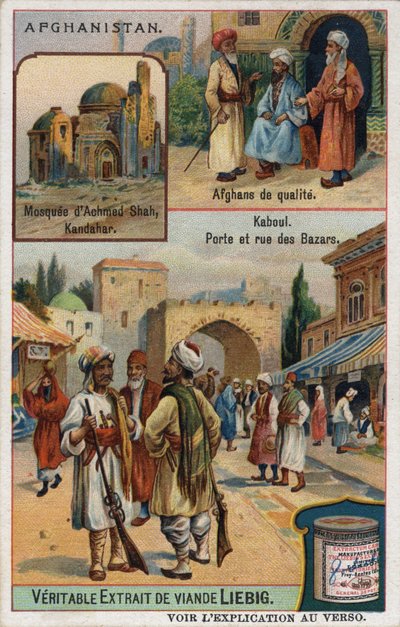 Arriba: Mezquita Achmed Shah en Kandahar y retratos de ricos afganos. Abajo: Bazar de Kabul en Afganistán. Publicidad cromolitográfica del siglo XIX de French School
