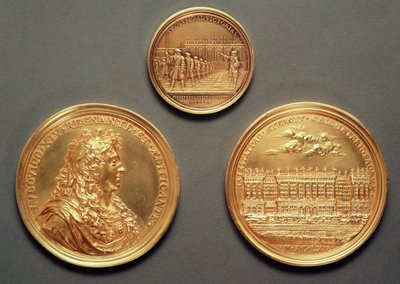 Arriba: Recto = Les Revues, 1680 por Thomas Bernard; Abajo: verso = Perfil de Luis XIV, recto = La Columnata del Louvre, proyecto de Bernini por Jean Warin III de French School