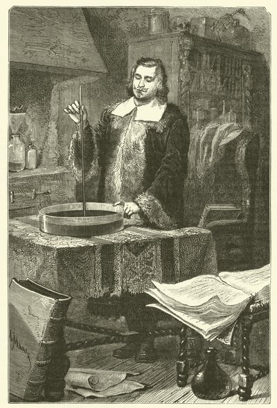 Torricelli inventando el barómetro (grabado) de French School