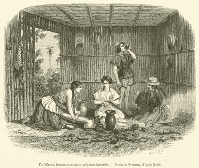 Tortilleras, mujeres mexicanas preparando la tortilla (grabado) de French School