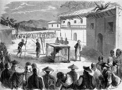 Tortura sufrida por el Padre Auguste Chapdelaine (1814-1856); sacerdote católico y misionero en China, provincia de Quang si (Quang-si) de French School