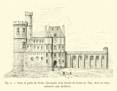 Torre y puerta de Nesle, facsímil de un dibujo de Louis Le Vau, levantado en 1665, conservado en los Archivos de French School