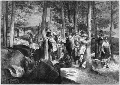 Turistas en las gargantas de Apremont, cerca de la entrada de la cueva, en el bosque de Fontainebleau de French School