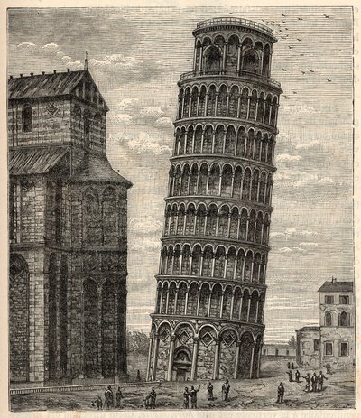 Torre de Pisa - Grabado en “Ciencias al alcance de todos - Física y química populares” por Alexis Clerc - Finales del siglo XIX - Colección privada de French School