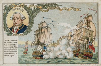 Tarjeta comercial con una imagen que representa una batalla naval de French School