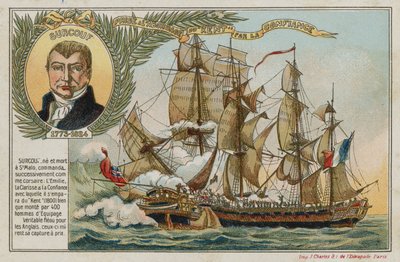 Tarjeta comercial con una imagen que representa la captura del East Indiaman Kent por la Confiance de French School