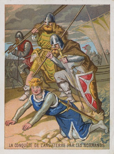 Tarjeta comercial con una imagen de la conquista de Inglaterra por los normandos de French School