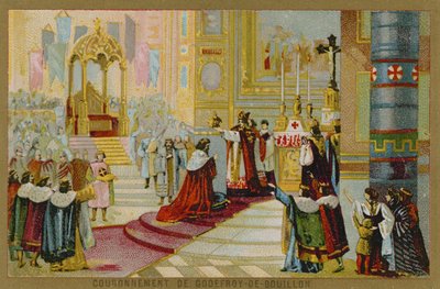 Tarjeta comercial con una imagen de la coronación de Godofredo de Bouillon de French School