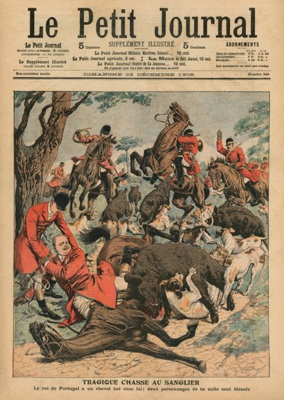 Caza trágica de jabalíes, el caballo de Carlos I, Rey de Portugal, es asesinado bajo él, ilustración de portada de 