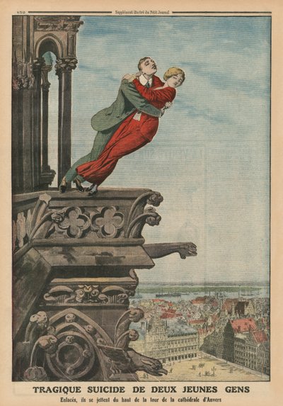 Trágico suicidio de dos jóvenes desde la torre de la catedral en Amberes, ilustración de la contraportada de 