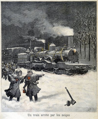 Tren obligado a detenerse por la nieve. Ilustración del periódico "Le Petit Parisien" de marzo de 1892 de French School