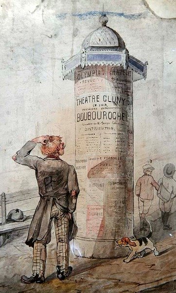 Vagabundo mirando un cartel publicitario de la obra de Courteline 
