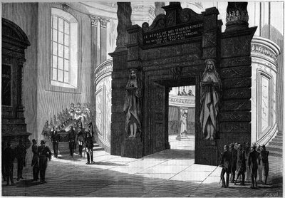 Traslado de las cenizas de Napoleón I (1769-1821) de la capilla de San Jerónimo a la tumba construida bajo la cúpula de los Inválidos. París, 2 de abril de 1861. Grabado en 