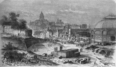 Transformaciones de París bajo el Segundo Imperio, París haussmanniano: construcción de la plaza de Italia, en el extremo de la rue Mouffetard, 1868. Grabado en 