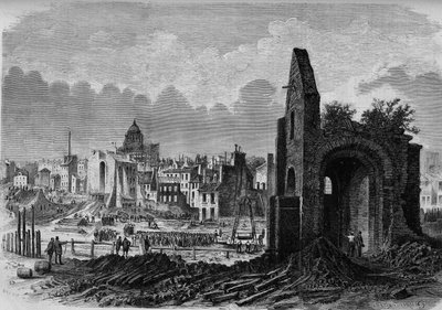 Transformaciones de París bajo el Segundo Imperio, París haussmanniano: ruinas de la iglesia Saint Marcel, en la plaza de la Colegiata, descubiertas por la apertura del bulevar Arago de French School