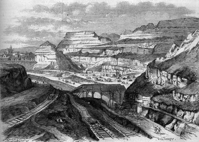 Transformaciones de París bajo el Segundo Imperio, París haussmanniano: transformación en parque de las canteras de yeso de Buttes-Chaumont (Buttes Chaumont). Grabado en "Le Monde Illustré" n°306 del 21 de febrero de 1863. de French School