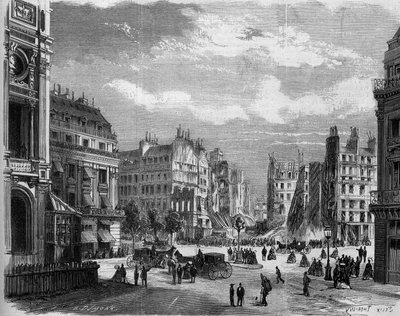 Transformaciones de París bajo el Segundo Imperio, París haussmanniano: vista del ángulo de la rue de la Paix, abierto para la perforación de la rue de l