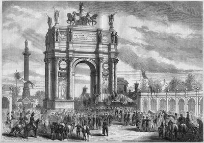Transformaciones de París bajo el Segundo Imperio, Haussmann París: arco de triunfo en la inauguración del Boulevard du Prince Eugene (hoy Boulevard Voltaire) por Napoleón III. Grabado en "Le Monde Illustré" n°296 del 13 de diciembre de 1862. de French School