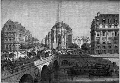 Transformaciones de París bajo el Segundo Imperio, Haussmann París: vista de la fuente Saint Michel (1860) en el Boulevard de Sebastopol. Grabado en Le Monde Illustré n°175 del 18 de agosto de 1860. de French School