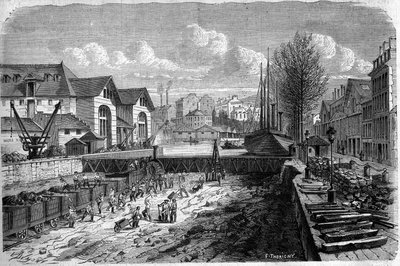Transformaciones de París bajo el Segundo Imperio, Haussmann París: obras realizadas para el descenso del cuerpo de agua del Canal Saint Martin. Grabado en "Le Monde Illustré" n°143 del 7 de enero de 1860 de French School
