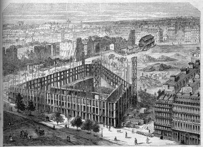 Transformaciones de París bajo el Segundo Imperio, París Haussmann: construcción del Hotel de la Paix y vista de la ubicación de la futura Ópera Garnier, entre las calles Neuve des Mathurins, la Chaussee d