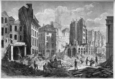 Transformaciones de París bajo el Segundo Imperio, París Haussmann: demolición de la Rue de la Barillerie para la apertura del Boulevard Sebastopol. Grabado en “Le Monde Illustré” n°126 del 10 de septiembre de 1859. de French School