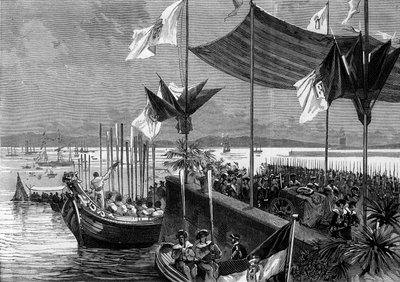 Traslado de las cenizas de Luis Vaz de Camoes y Vasco de Gama, Portugal, 9 de junio de 1880: desembarco en el puerto de Belem de los restos del poeta Luis Vaz de Camoes conocido como los Camoens (1525-1580) y el navegante Vasco de Gama (1459-1524). Grabado de French School