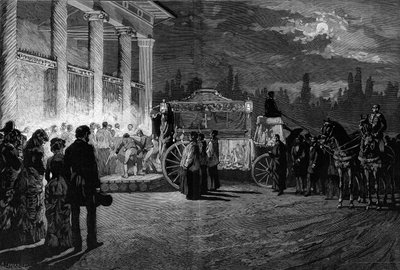 Traslado de las cenizas del Papa Pío IX (1792-1878): llegada del cortejo a la Iglesia de San Lorenzo en Roma el 12 de julio de 1881. Grabado de Pelicer en "Le Monde Illustré" n°1271 del 6 de agosto de 1881 de French School