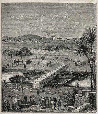 Transporte del obelisco de Ptolomeo Filadelfo (Ptolemaios Filadelfos) (Ptolomeo II) en el Nilo hacia Alejandría - Grabado en Ciencias al alcance de todos - Física y química popular por Alexis Clerc - Finales del siglo XIX - Colección privada de French School