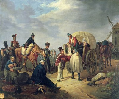 Transporte de soldados heridos durante las guerras napoleónicas de French School