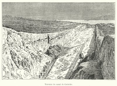 Trabajos del canal de Corinto (grabado) de French School