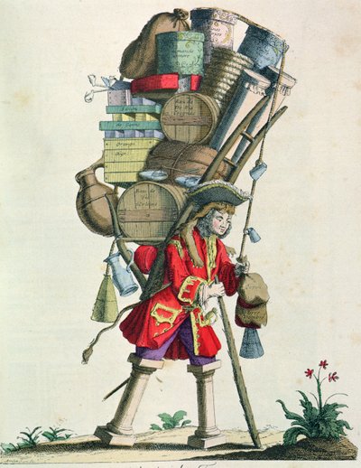 Vendedor ambulante de especias, licores y remedios en 1721, de Costumes de Paris a Travers les Siecles, publicado en 1887 de French School