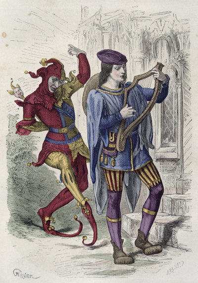 Músico ambulante y bufón de la corte bailando de French School
