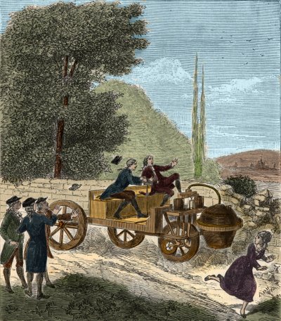 Prueba del carruaje de vapor de tres ruedas de Nicolas Joseph Cugnot en el Arsenal de París de French School