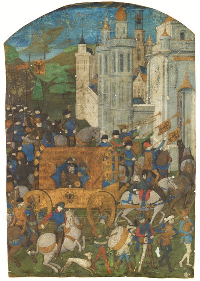 Procesión triunfal del Emperador del Sacro Imperio Romano Germánico, recorte de un manuscrito, Ruán, tercer cuarto del siglo XV de French School