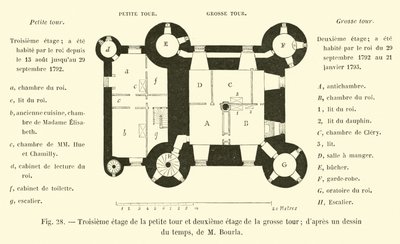 Tercer piso de la pequeña torre y segundo piso de la gran torre; según un dibujo de la época, de M. Bourla de French School