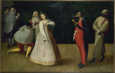 Troupe de cómicos italianos (¿los Gelosi), hacia 1580 (óleo) de French School