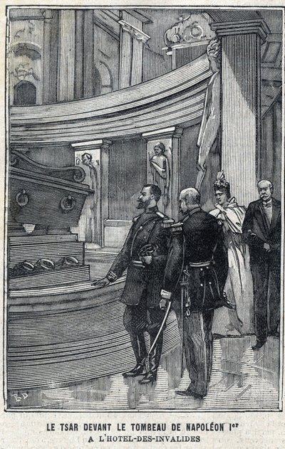 El zar Nicolás II de Rusia (1868-1918) y la zarina Alexandra Fiodorovna Romanova (1872-1918) frente a la tumba de Napoleón I Bonaparte en el Hotel des Invalides en París, en "Le Petit Parisien" de French School