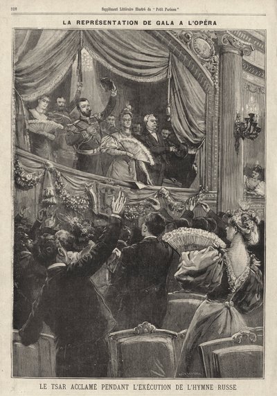 El zar Nicolás II de Rusia aclamado por el público durante la interpretación del himno nacional ruso en una gala en la Ópera de París durante su visita a Francia de French School