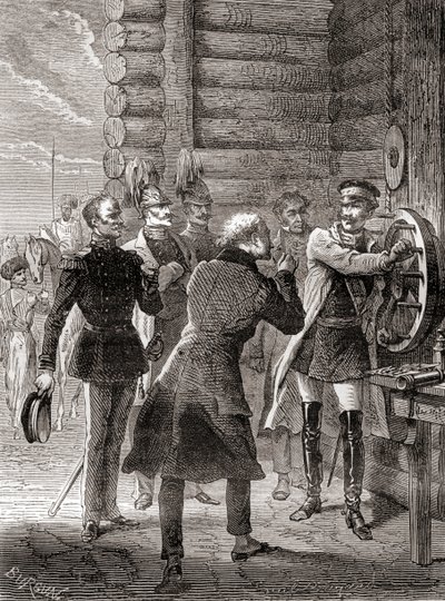El zar Nicolás I inaugurando la línea de telégrafo de semáforo entre Moscú y Varsovia en 1833, usando una modificación del sistema de semáforo de Claude Chappe, de Les Merveilles de la Science, publicado c.1870 (grabado) de French School