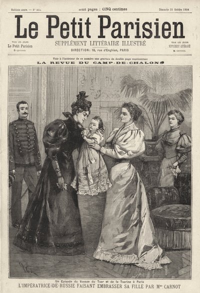 La zarina Alexandra de Rusia invitando a la viuda del presidente francés Sadi Carnot a besar a su hija, la Gran Duquesa Olga, durante la visita de la Familia Imperial Rusa a París de French School