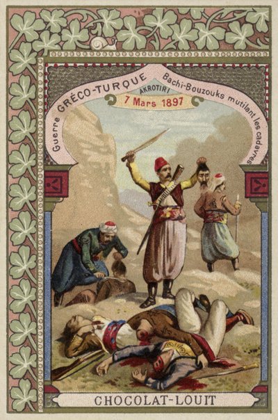 Bashi-bazouks turcos mutilando cadáveres griegos, Akrotiri, Creta, Guerra Greco-Turca, 7 de marzo de 1897 de French School