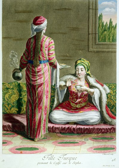 Chica turca tomando café en el sofá, de la Colección de Grabados de Trajes del Levante, grabado por I. Haussard, 1707-08 de French School