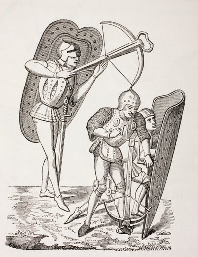 Dos ballesteros franceses del siglo XV, uno disparando su arma, el otro cargándola con un cabrestante, ambos protegidos por pavises, de 
