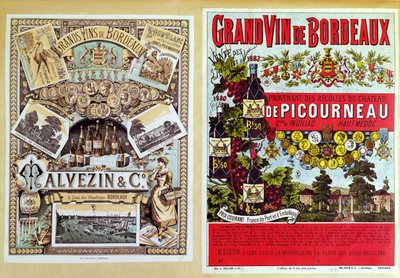 Dos anuncios para Malevezin y Compañía distribuidores y el viñedo Chateau de Picourneau, de la región de Burdeos, finales del siglo XIX de French School